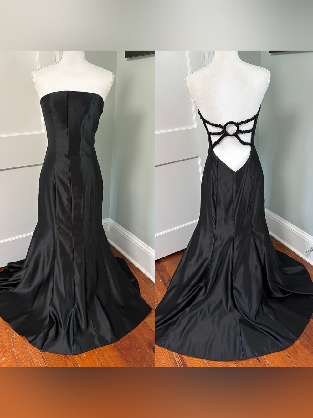 Vintage Jessica McClintock Strapless Backless Black Satin Mermaid Gown Size 12